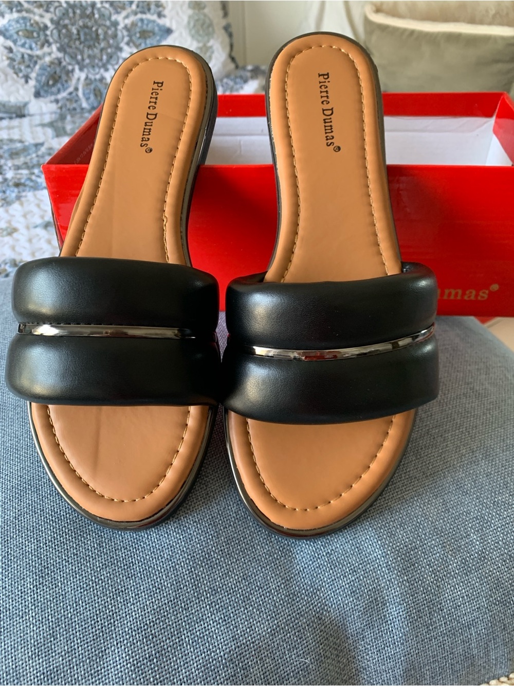 Pierre Dumas Black Slide Mules with Metallic Accent